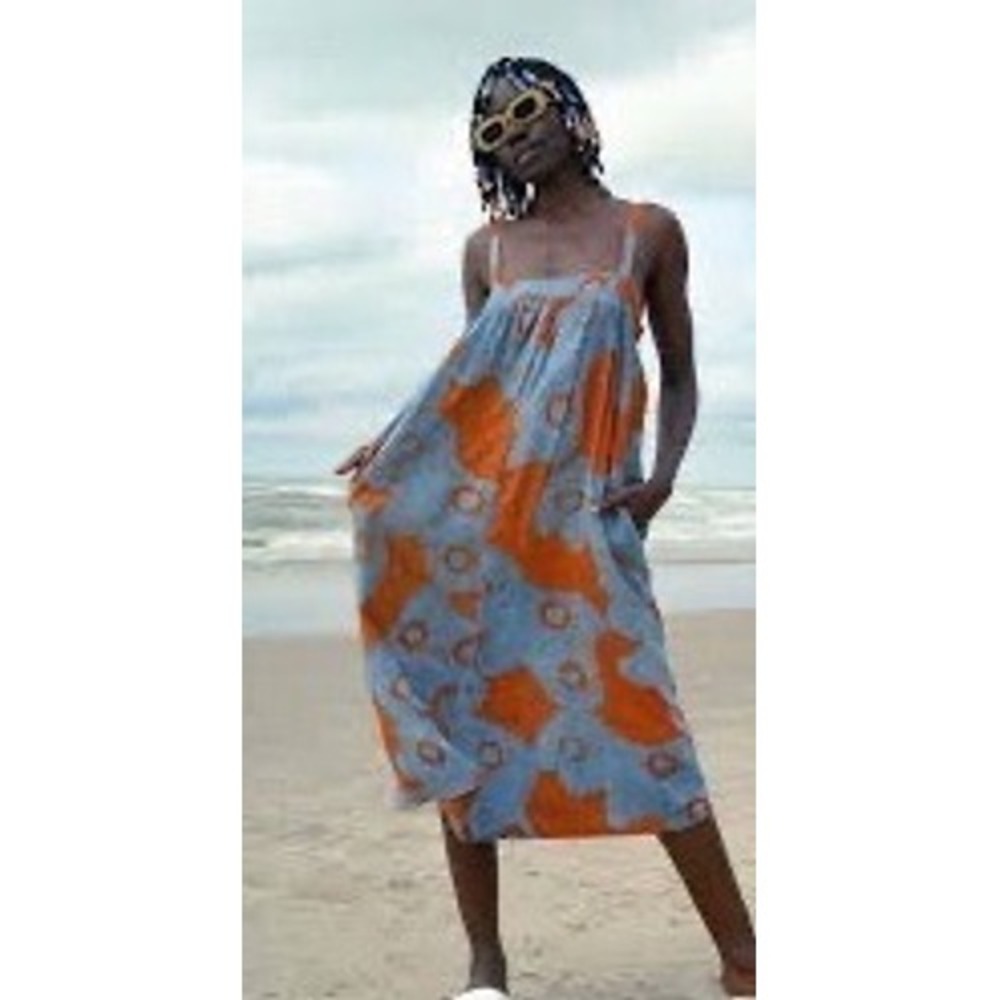 Osei-Duro Saya Women Small Orange Blue Batik Rayon Midi Dress Made Ghana Pockets